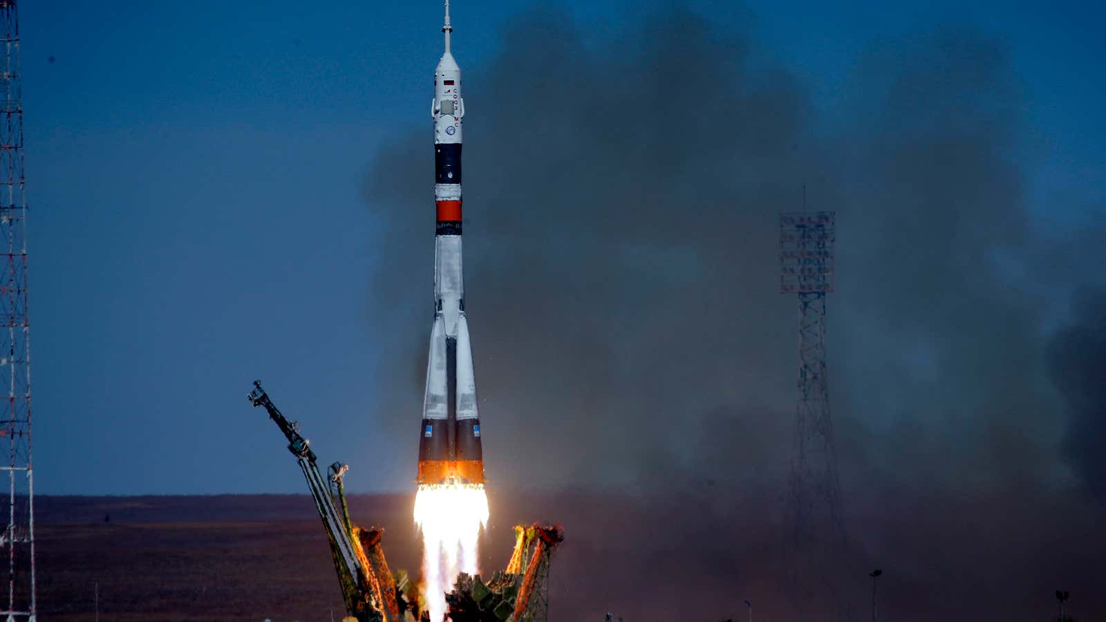 The Soyuz rocket lifts off moments before the accident that destroyed it.