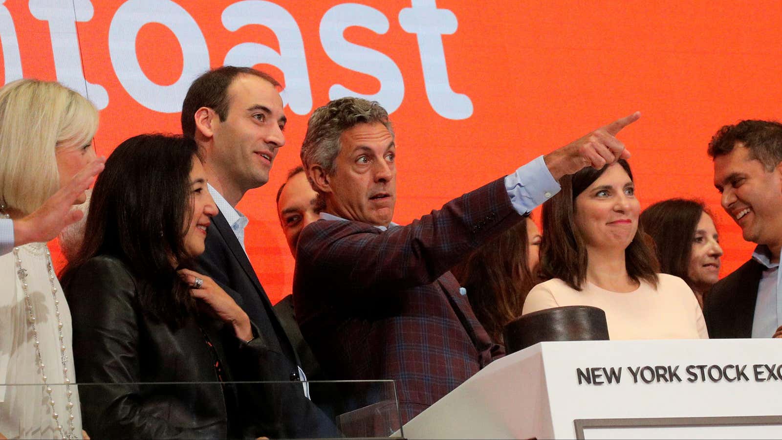 Toast’s CEO Chris Comparato and co-founder Steve Fredette attend the company’s IPO at the New York Stock Exchange.