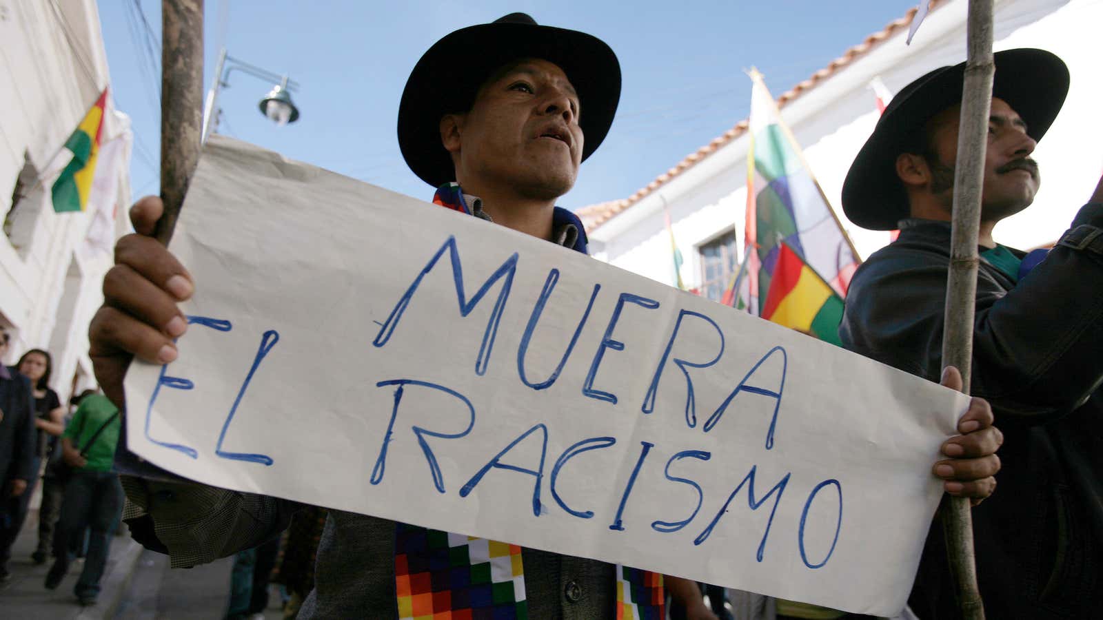Indigenous Bolivians protest against racial discrimination.