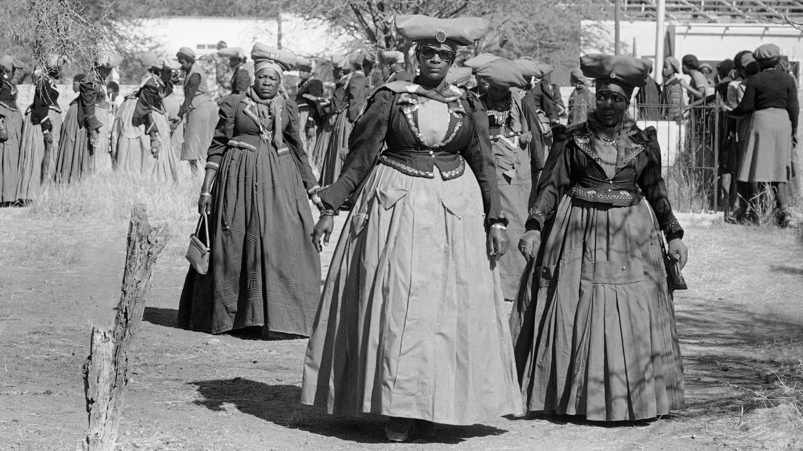 Women of the Herero people show their traditional dress in Windhoek.
