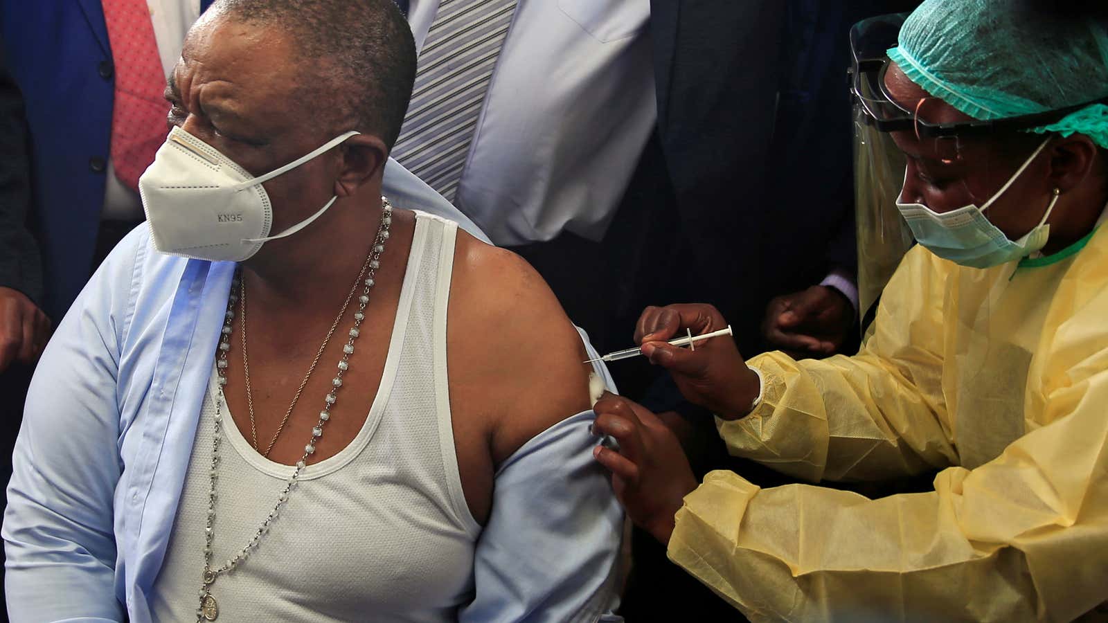 Zimbabwean Vice President Constantino Chiwenga receives a Covid-19 vaccine.
