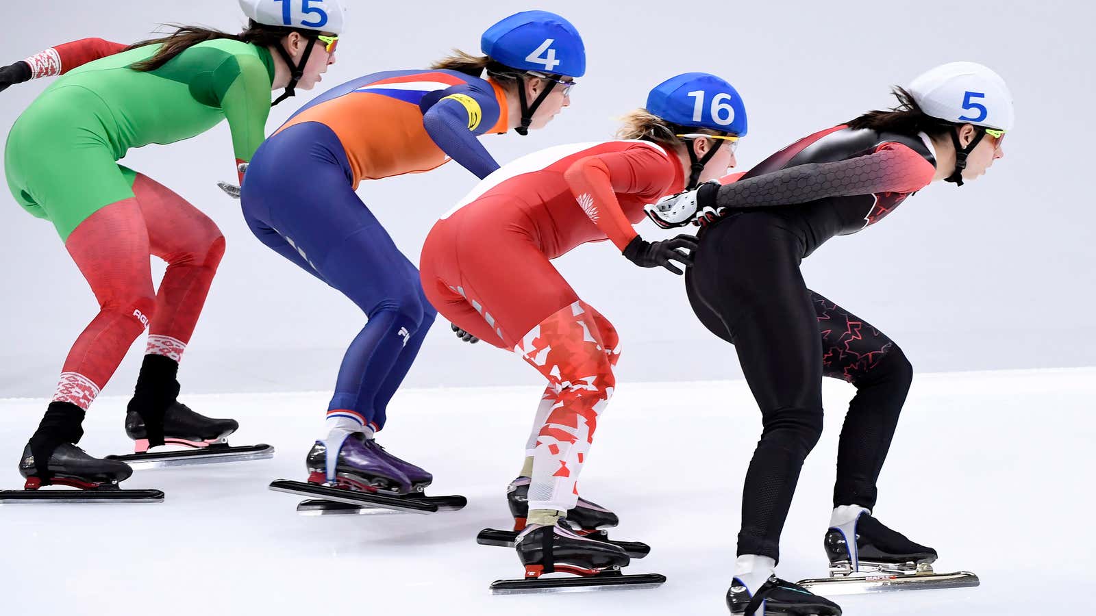 Belarus’ Maryna Zuyeva, left to right, the Netherlands’ Annouk Van Der Weijden, Poland’s Luiza Zlotkowska and Canada’s Keri Morrison skate during the women’s speed skating…