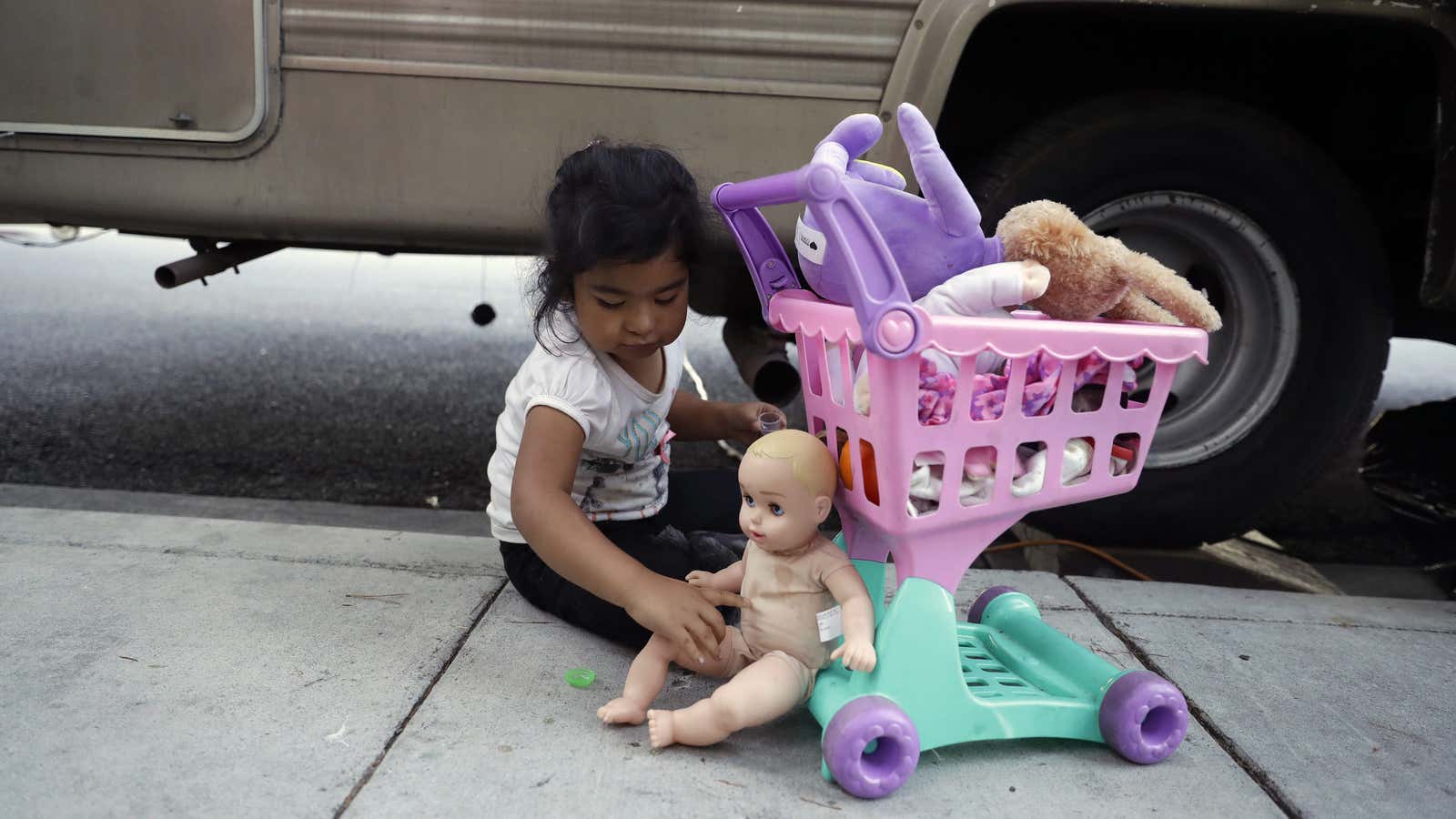 A homeless child plays in Mountain View, California.