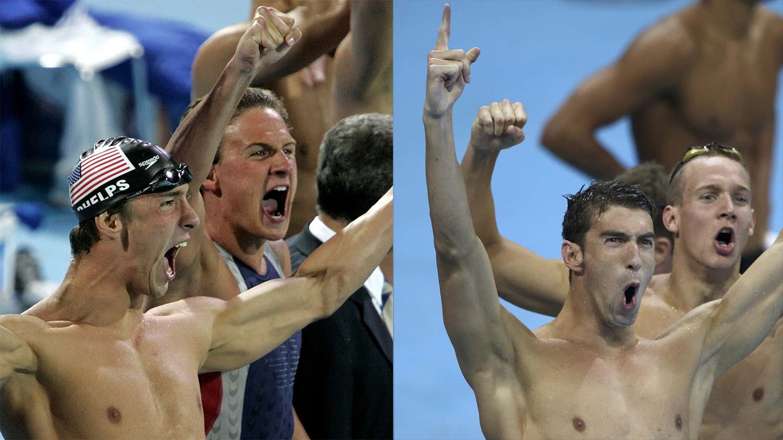 Cheering poolside in 2004 and 2016