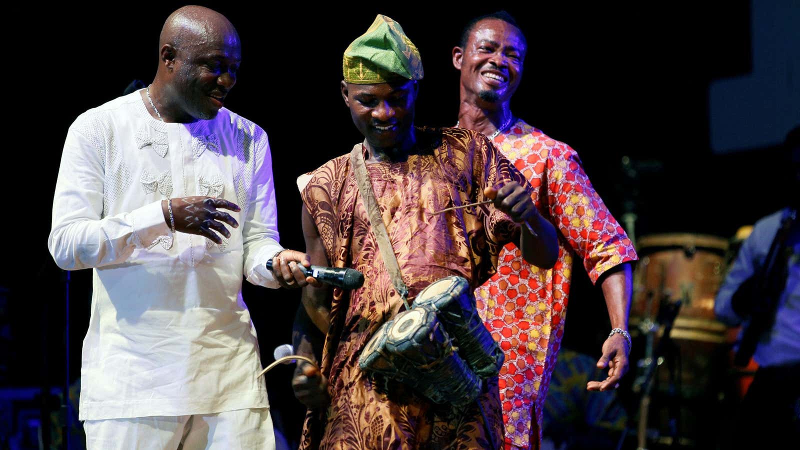 Musician Adewale Ayuba (L) performs with his band in Lagos, Nigeria in 2016
