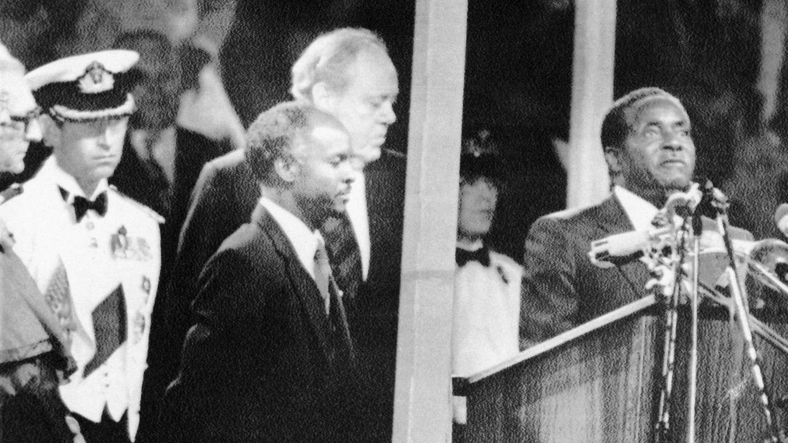 During the Independence celebrations, on April 18, 1980, prime minister Robert Mugabe takes the oath of allegiance to Zimbabwe