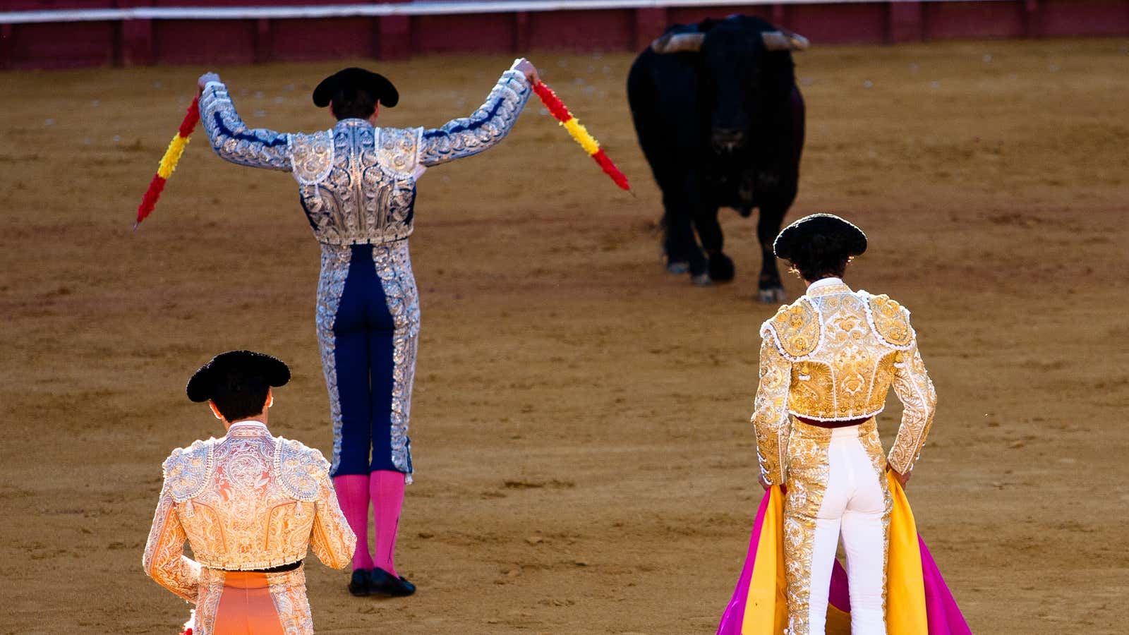 Bullfighter Antonio Nazaré (bottom right) with his banderilleros, at Seville&#39;s Plaza de la Maestranza.