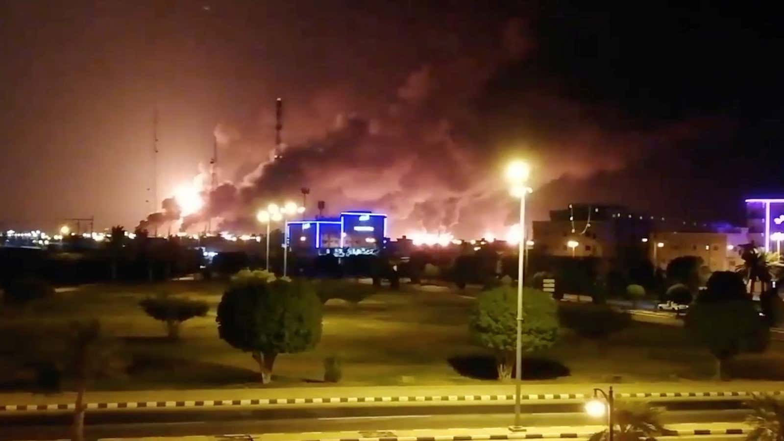 Fires burn at the Abqaiq oil processing facility in Saudi Arabia.