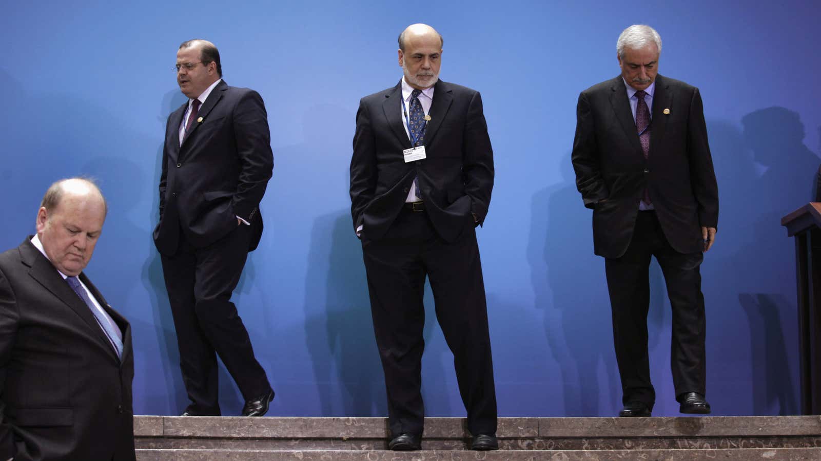Don’t tell the other central bankers that Ben Bernanke, center at the G-20, doesn’t have a crystal ball.