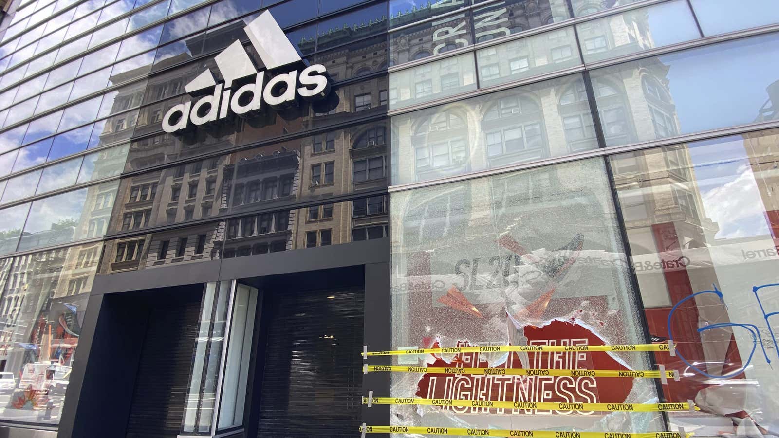 A smashed window at an Adidas store in New York on June 1.