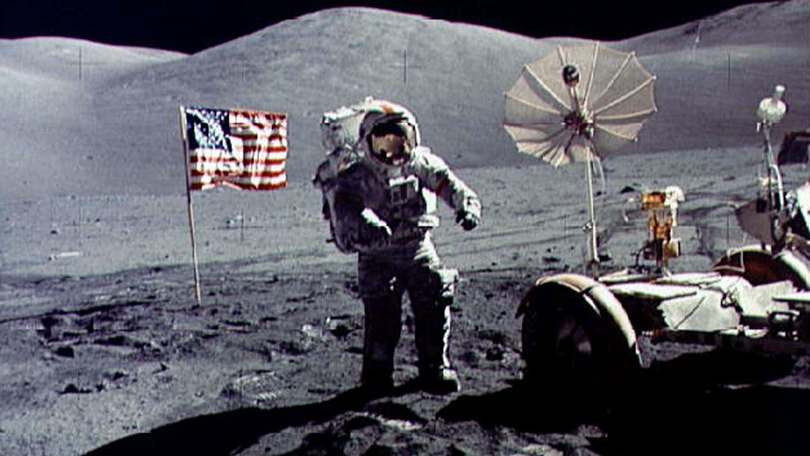 Gene Cernan on the moon, in a photograph shot by Harrison Schmitt, lunar module pilot.