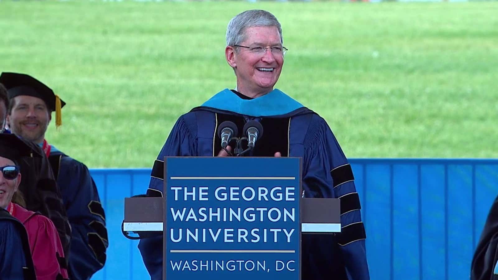 Apple CEO Tim Cook addresses the graduates at GWU in Washington, DC.