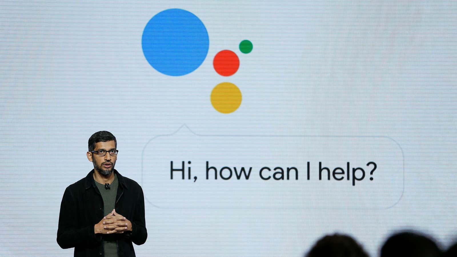 Google CEO Sundar Pichai shows of the AI-powered Google Assistant.