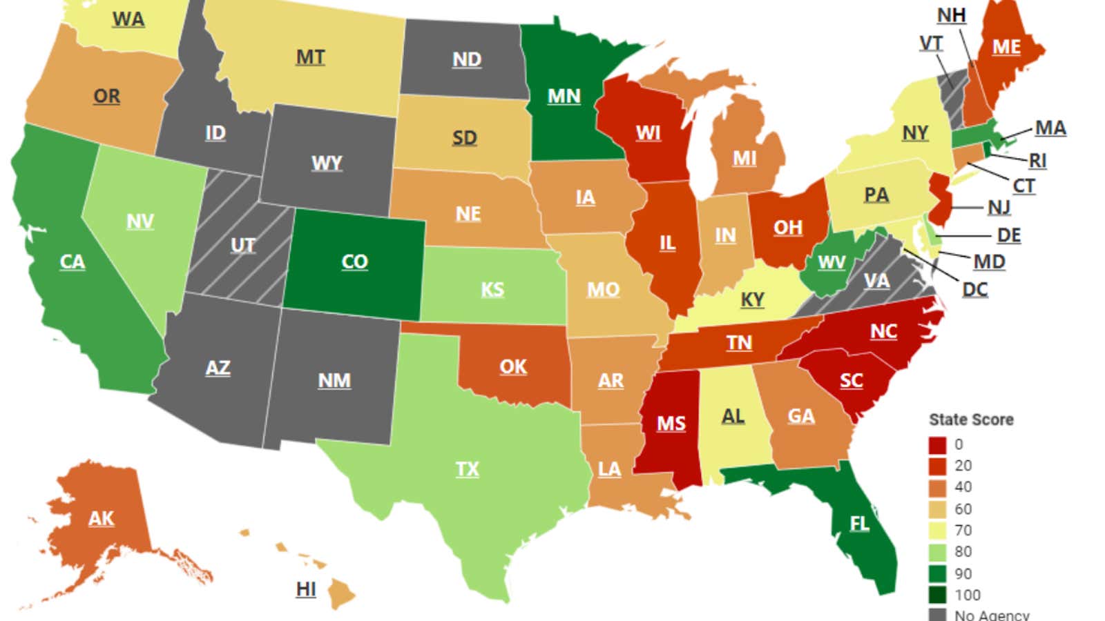 US states ranked by ethics agencies’ transparency.
