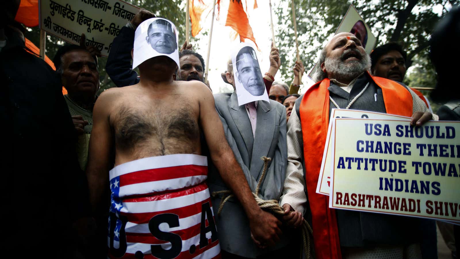 Protesters outside the US embassy in New Delhi, upset at the treatment of an Indian diplomat.