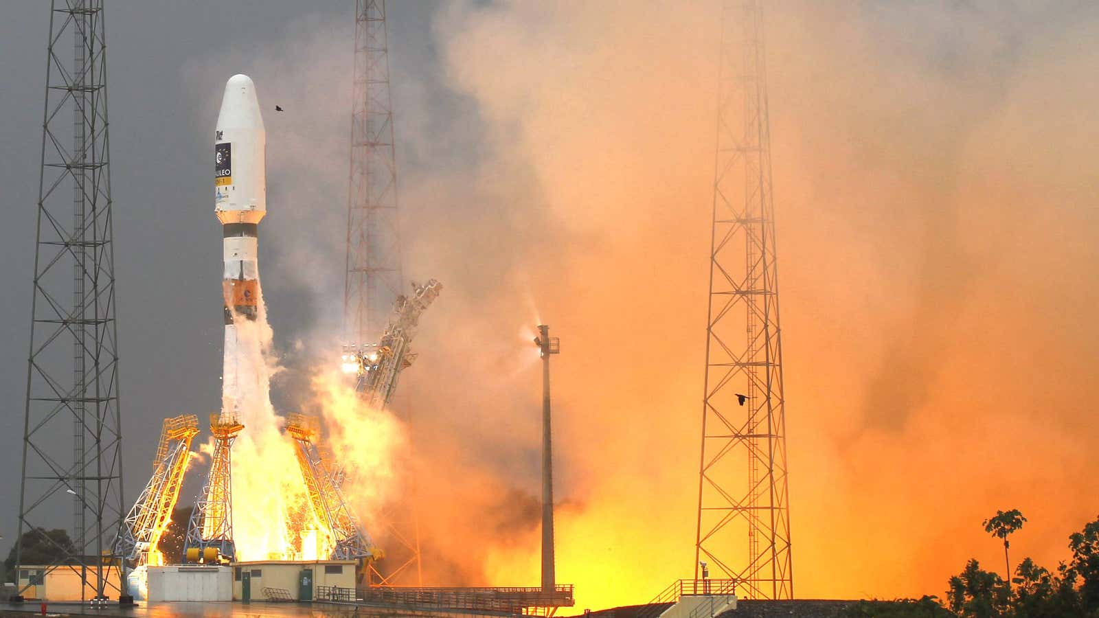 A rocket carrying the first two satellites of Europe’s Galileo navigation system blasts off.