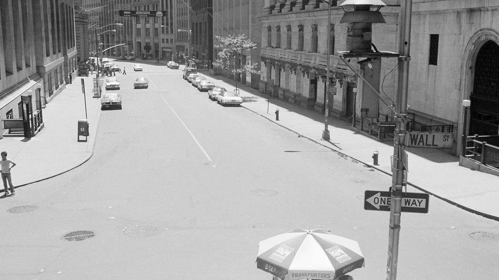New York’s Wall Street is deserted July 14, 1977, after a massive power failure