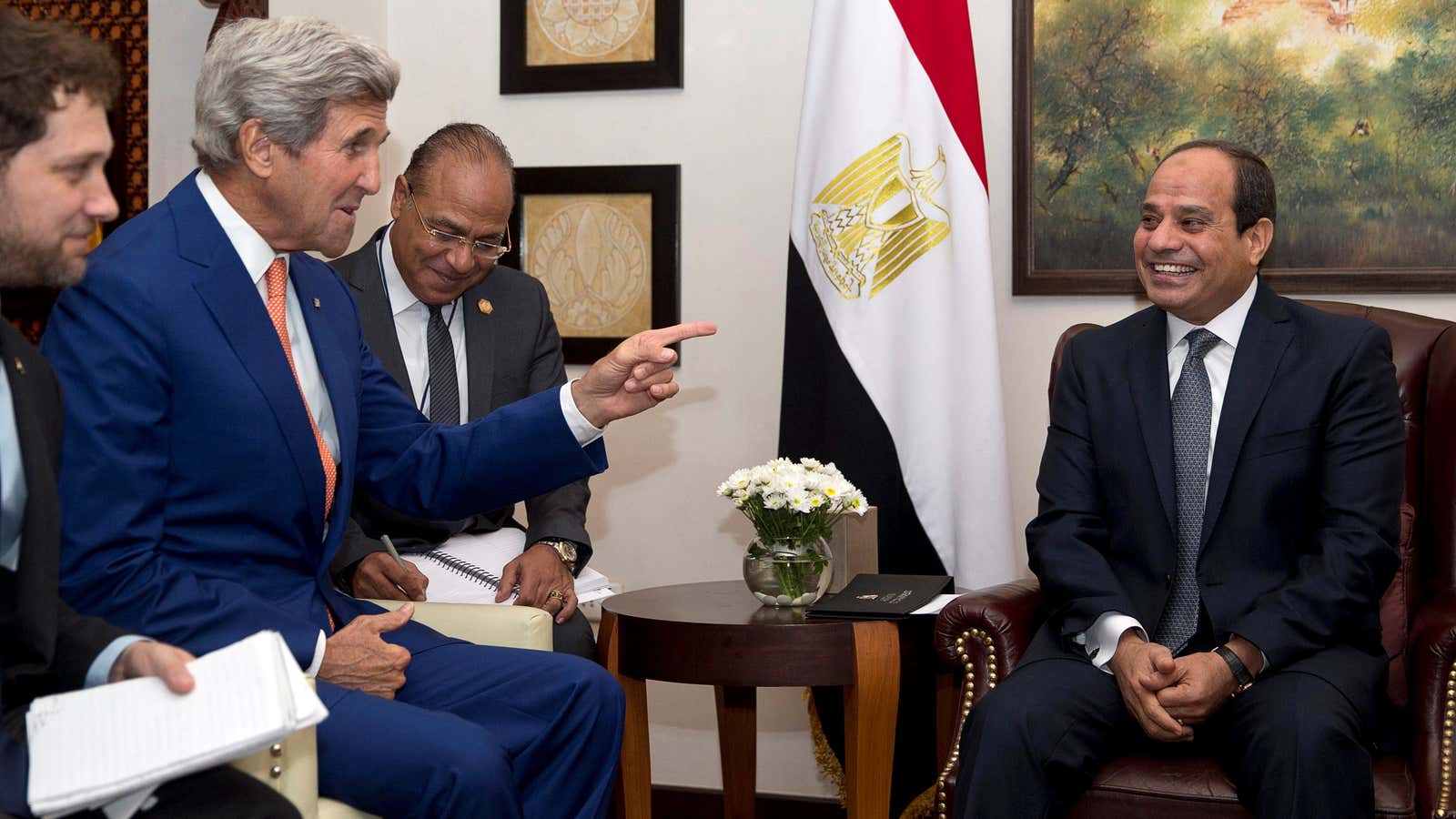 US climate envoy John Kerry, shown here during a 2016 meeting with Egyptian president Abdel Fattah al-Sisi, is asking developing countries to walk a delicate balance between fighting climate change and pursuing economic development.