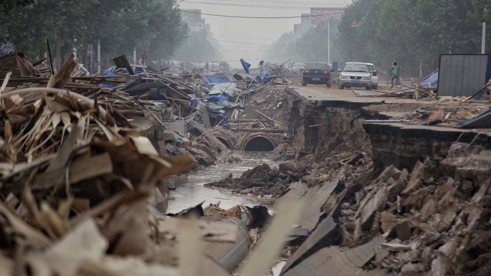 A flood-damaged road in Xingtai.