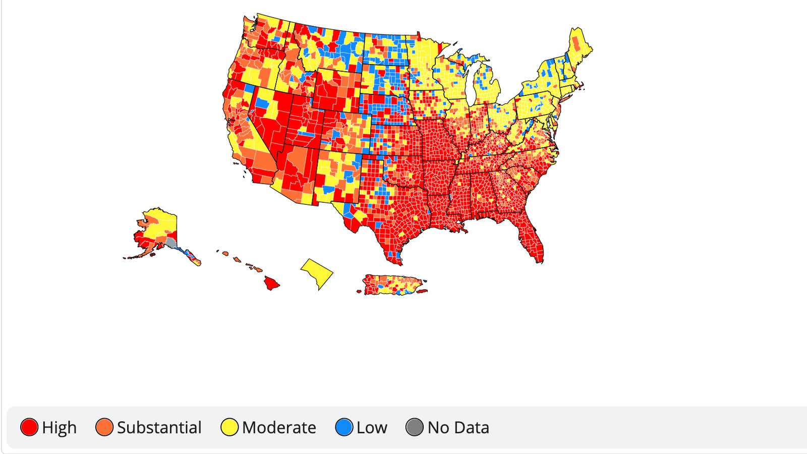 Levels of community transmission of Covid-19 in the US over the past seven days.