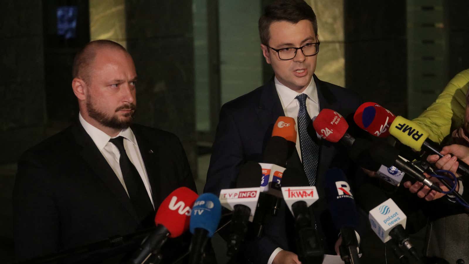Polish government spokesman Piotr Muller speaks to media after a meeting of the security committee in connection with blasts on Polish territory, in Warsaw, Poland, November 15, 2022.
