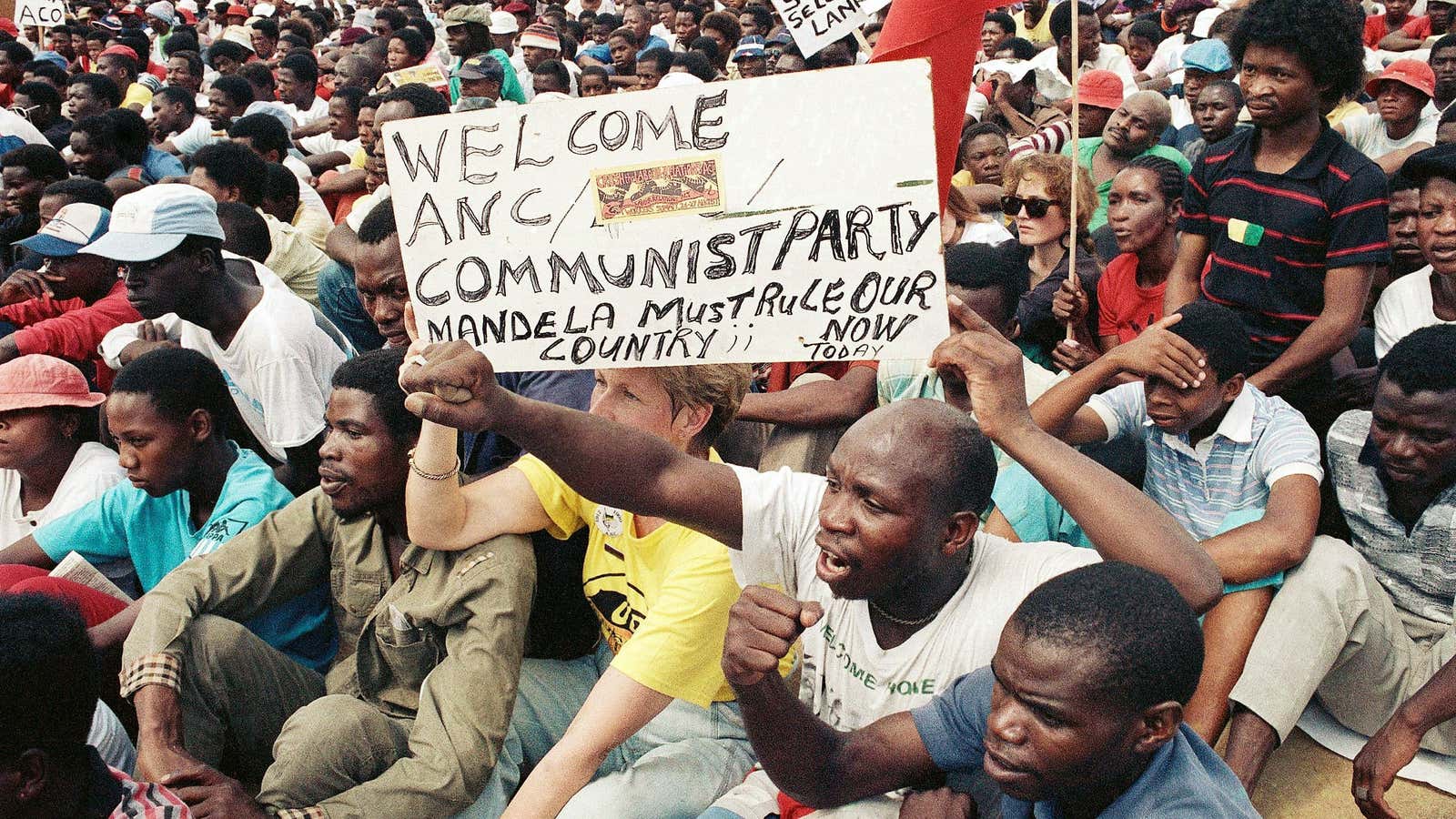 Anti-government protesters chant and sing at a rally at Alexandra Township, Feb. 3, 1990 in Johannesburg, the day after state President de Klerk announced the unbanning of the ANC and other anti-apartheid organizations.