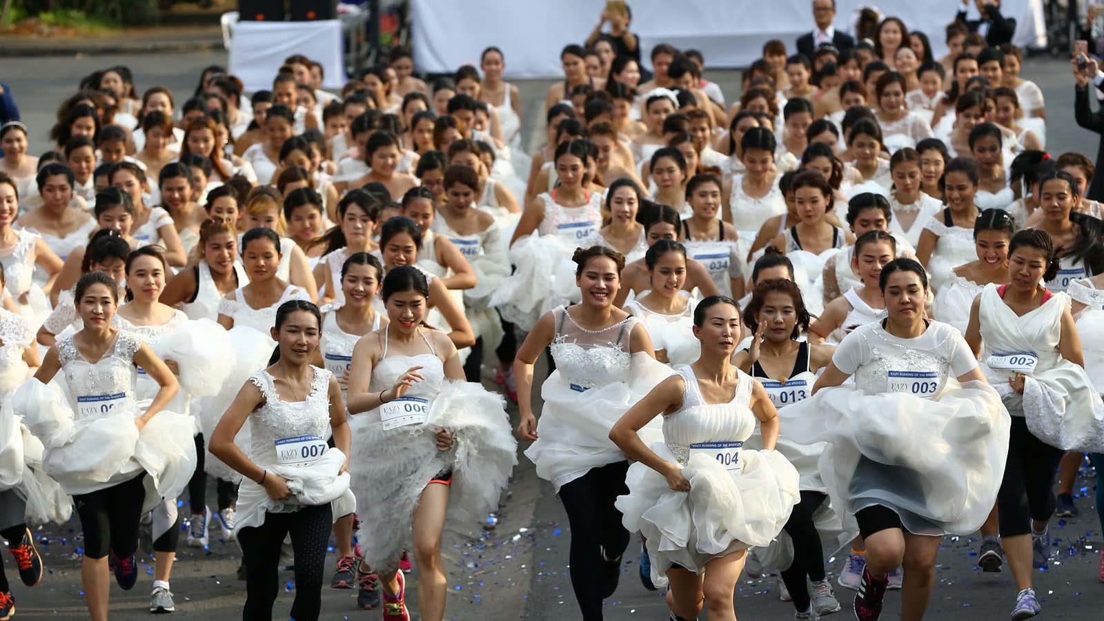Brides-to-be participate in the “Running of the Brides” race in a park in Bangkok, Thailand March 25, 2017.