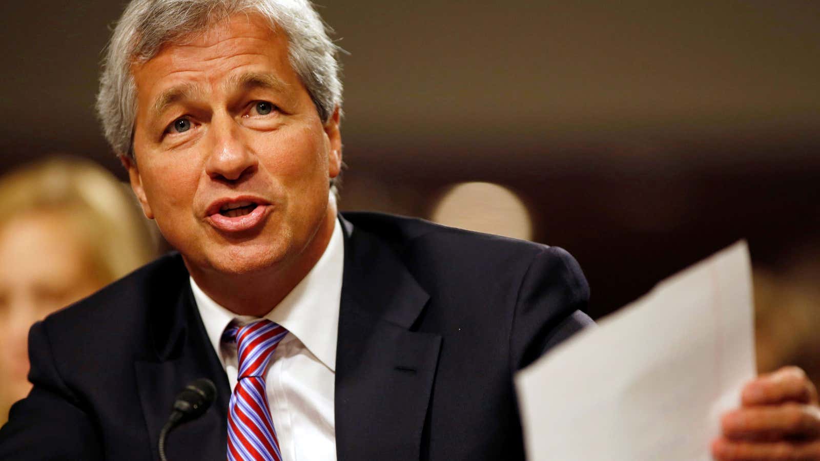 JP Morgan Chase and Company CEO Jamie Dimon answers a question at the U.S. Senate Banking, Housing and Urban Affairs Committee hearing on Capitol Hill…