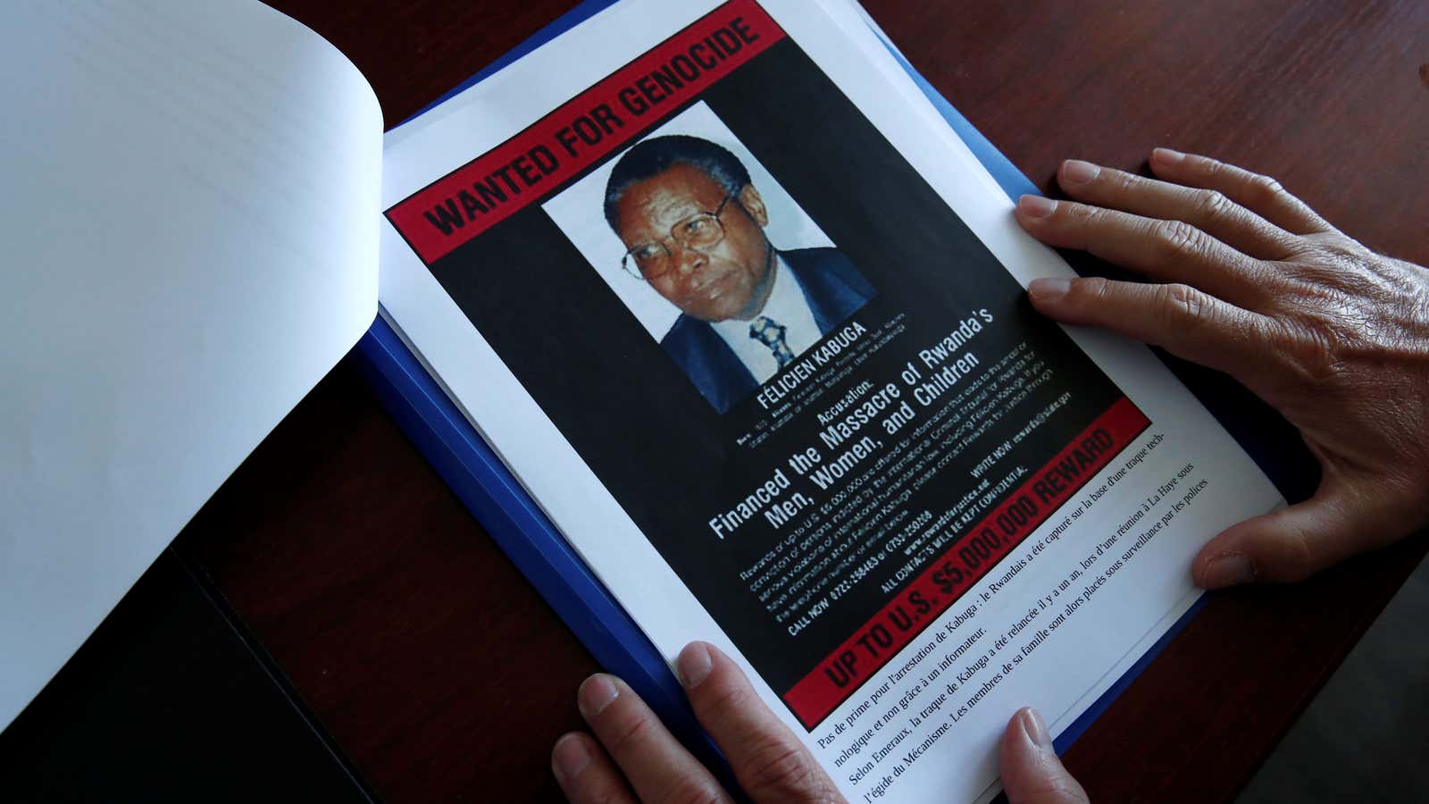 A wanted poster for Felicien Kabuga, Rwandan genocide fugitive suspect