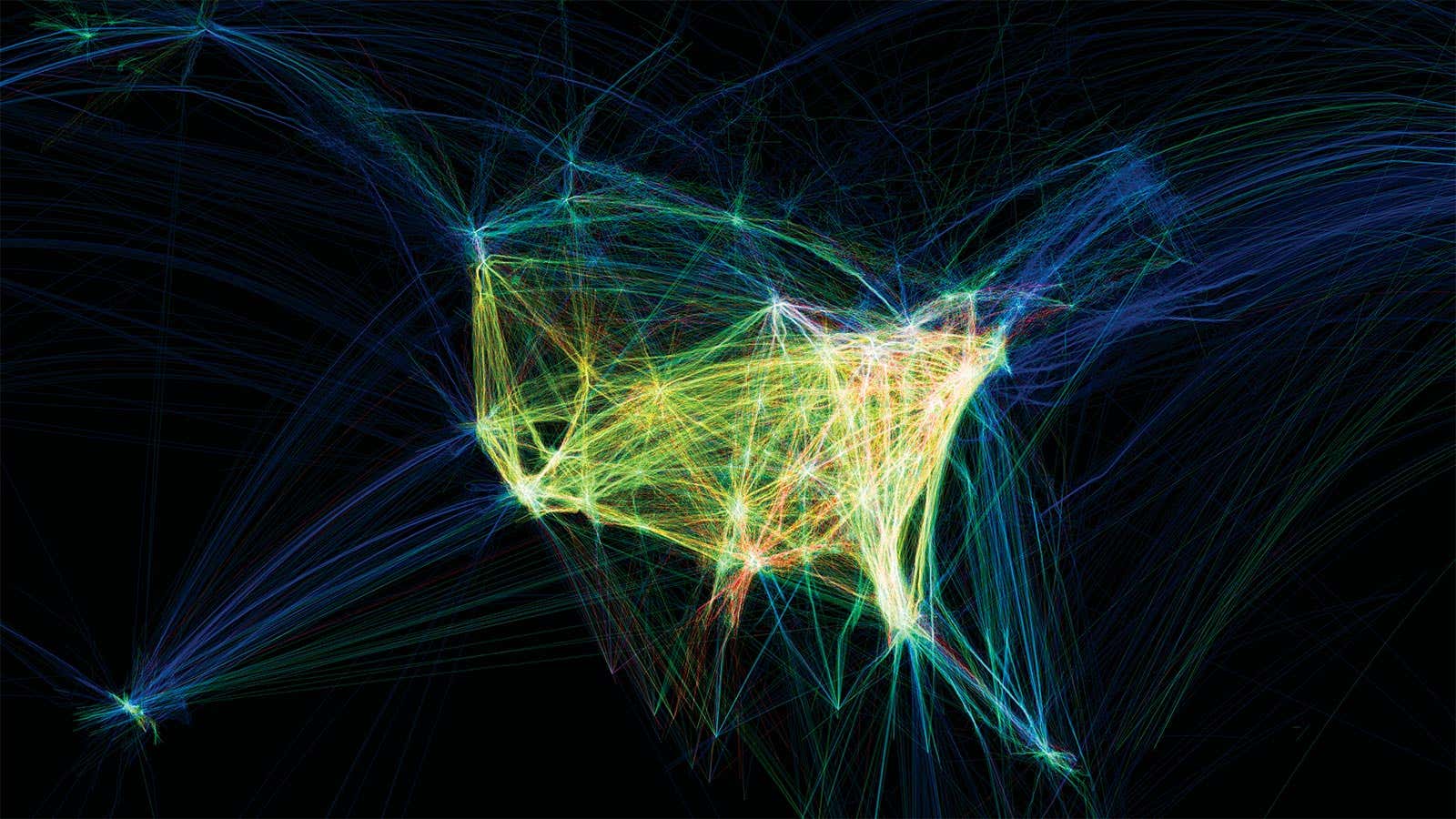 The paths of air traffic over North America visualized.