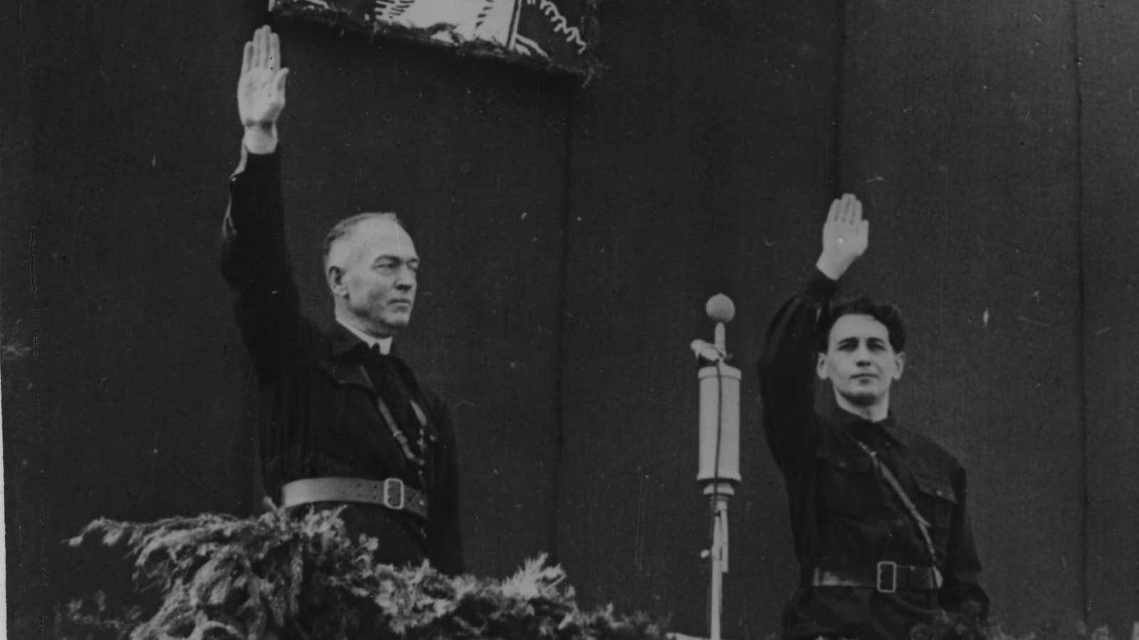 Romanian prime minister Ion Antonescu (left) with Iron Guard leader Horia Sima in 1940.