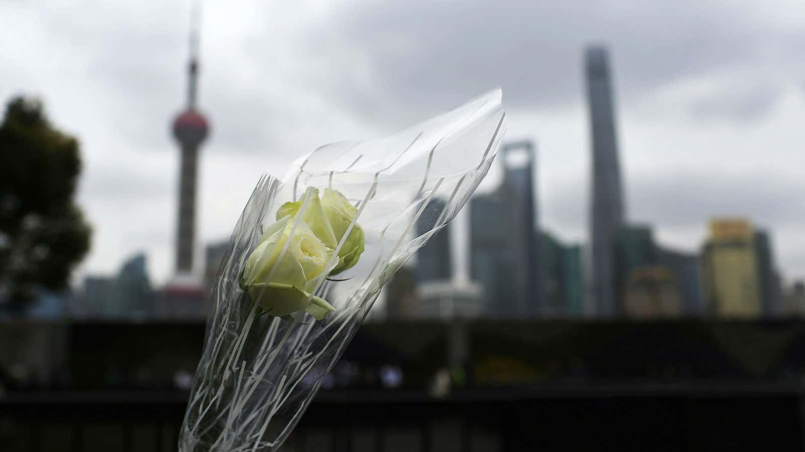 A memorial at the site of a New Year’s Eve stampede in Shanghai.