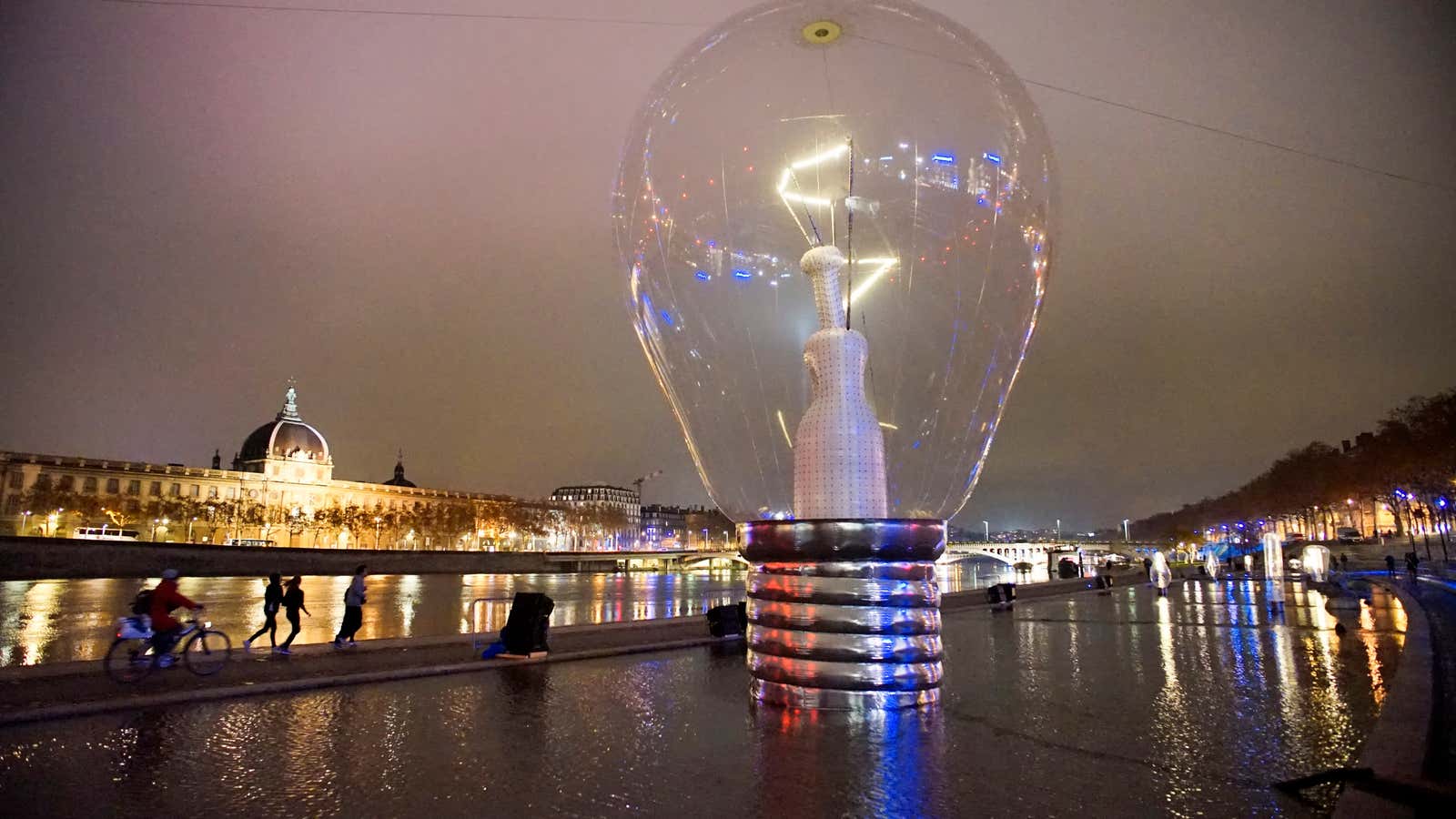 View of a giant incandescent light bulb in central Lyon