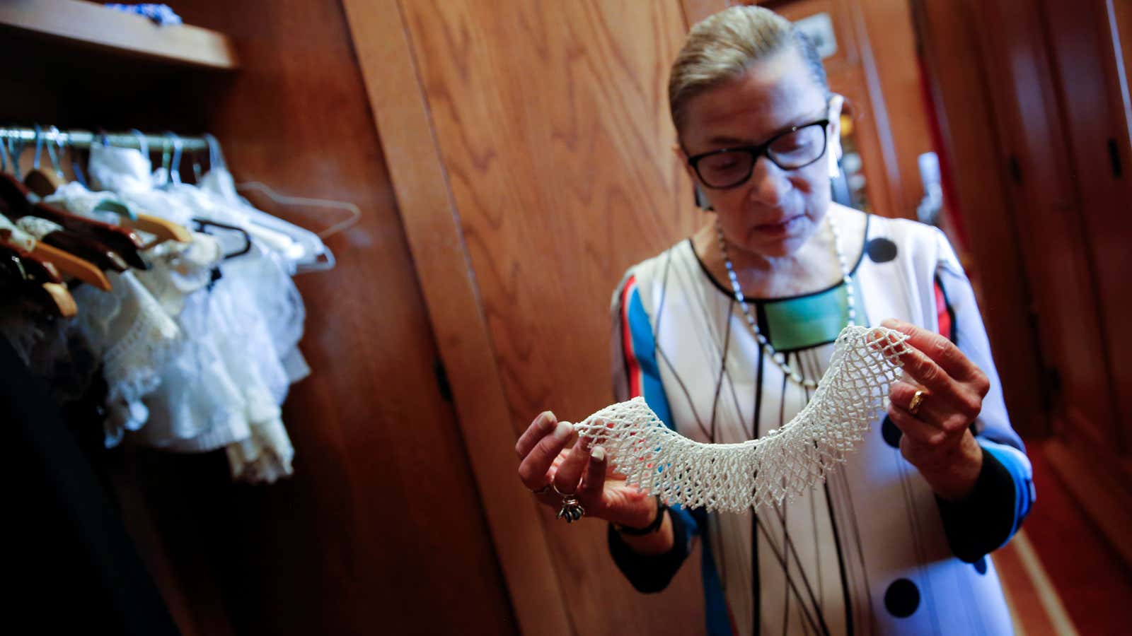 US Supreme Court Justice Ruth Bader Ginsburg shows her favorite collars (jabots) which got from Cape Town, South Africa. She wore them with her robes (June 17, 2016).