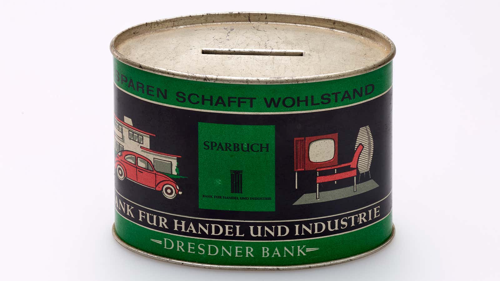 “Savings creates prosperity”: Tin money box from Dresdner Bank after 1945