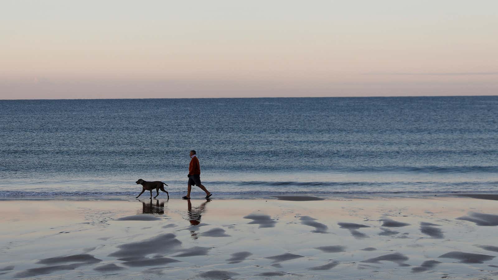 A man walks his dog at the Praia da Luz beach, Portugal, June 5, 2020.