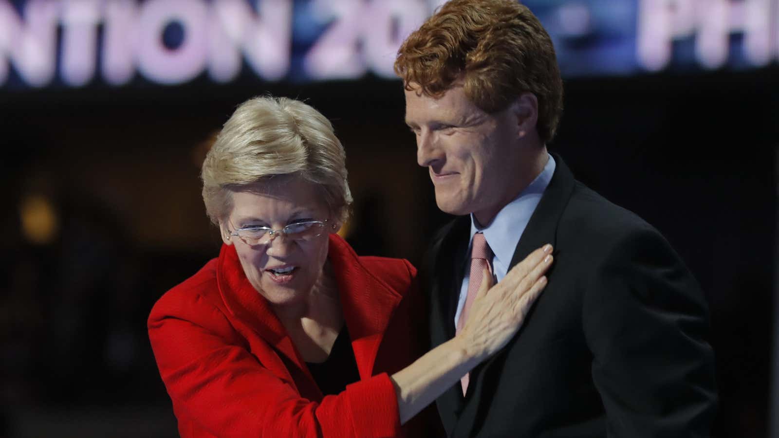 Kennedy with senator Elizabeth Warren at the Democratic National Convention in 2016.