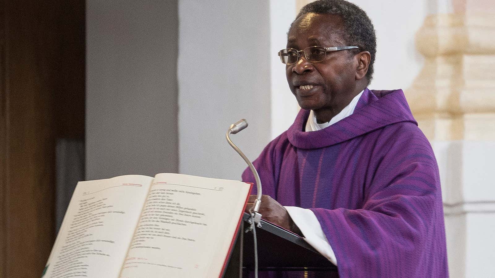 Pastor Olivier Ndjimbi-Tshiende speaks in the church of Zorneding, Germany,