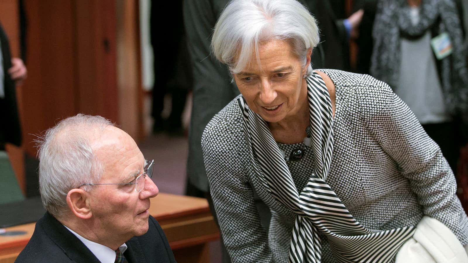 Wolfgang Schaueble and IMF chief Christine Lagarde talk EU bailouts in 2015.
