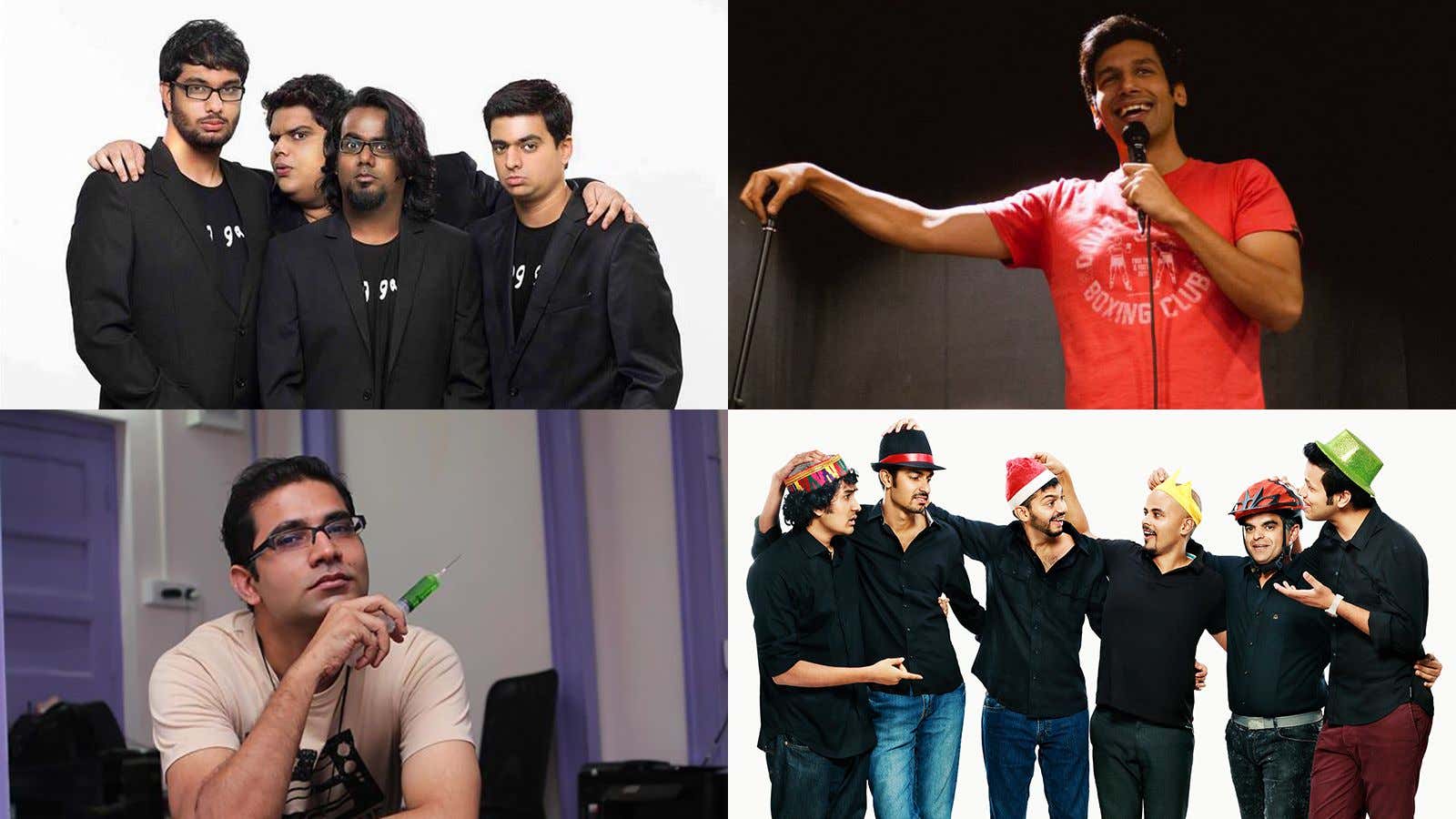 (Clockwise from top left) All India Bakchod, Kanan Gill, Arunabh Kumar and East India Comedy.