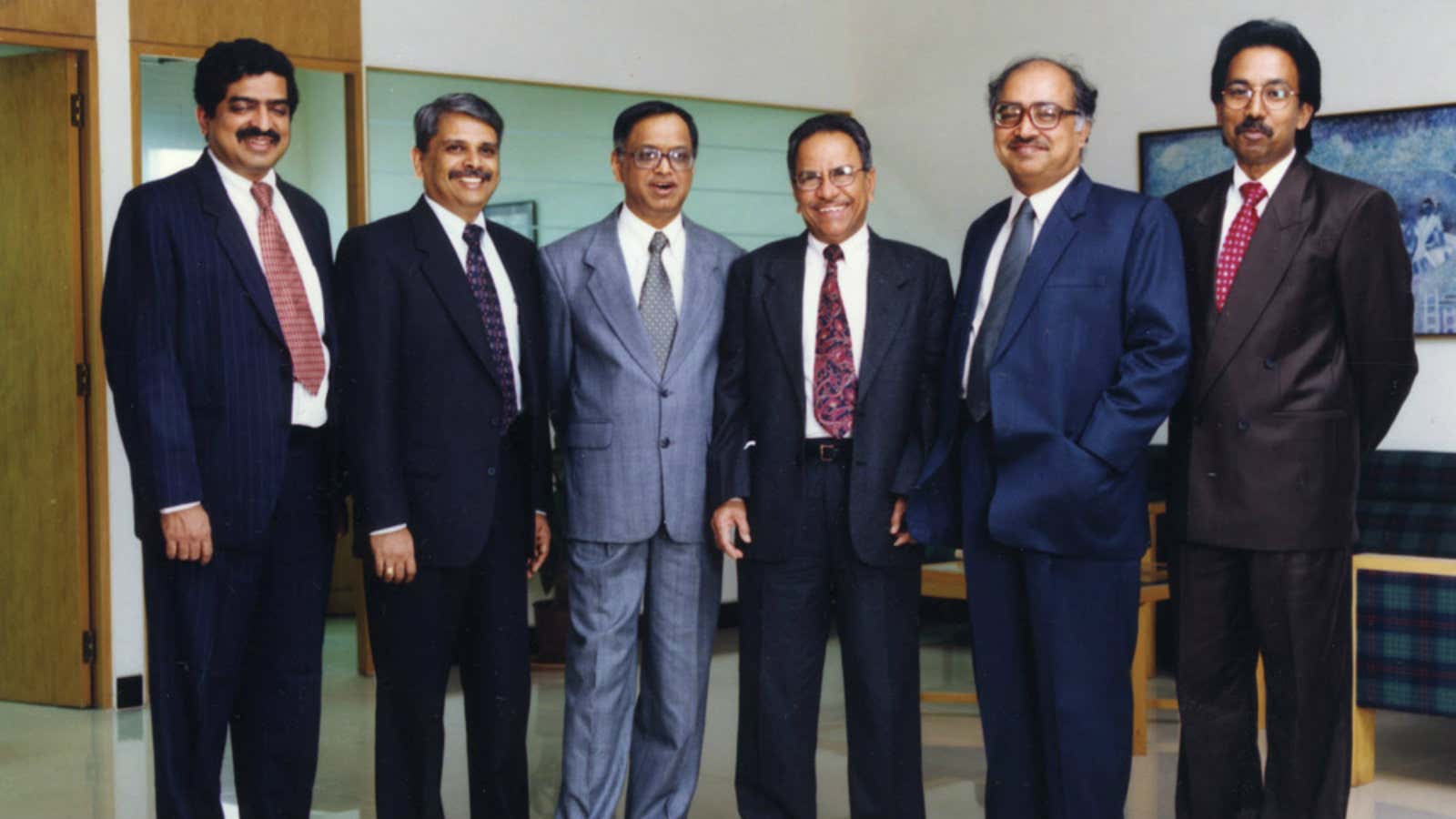 Back in the day: (from left) Nandan Nilekani, Kris Gopalakrishnan, NR Narayana Murthy, NS Raghavan, K Dinesh, SD Shibulal.