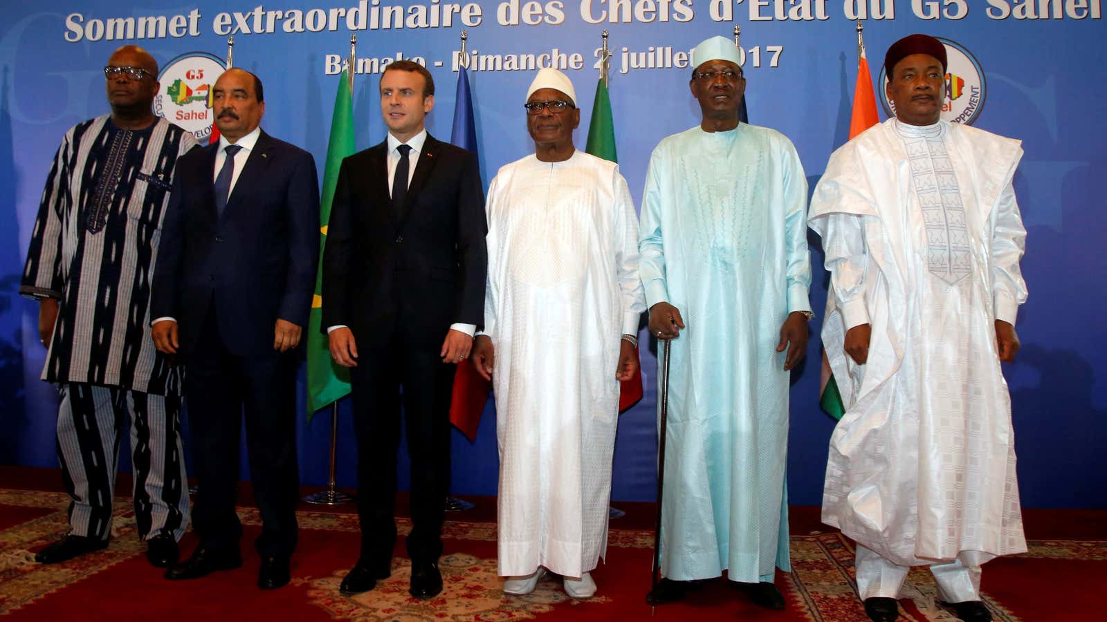 Macron with the presidents of Burkina Faso, Mauritania, Mali, Chad and Niger during the G5 Sahel Summit in Bamako on July 2.
