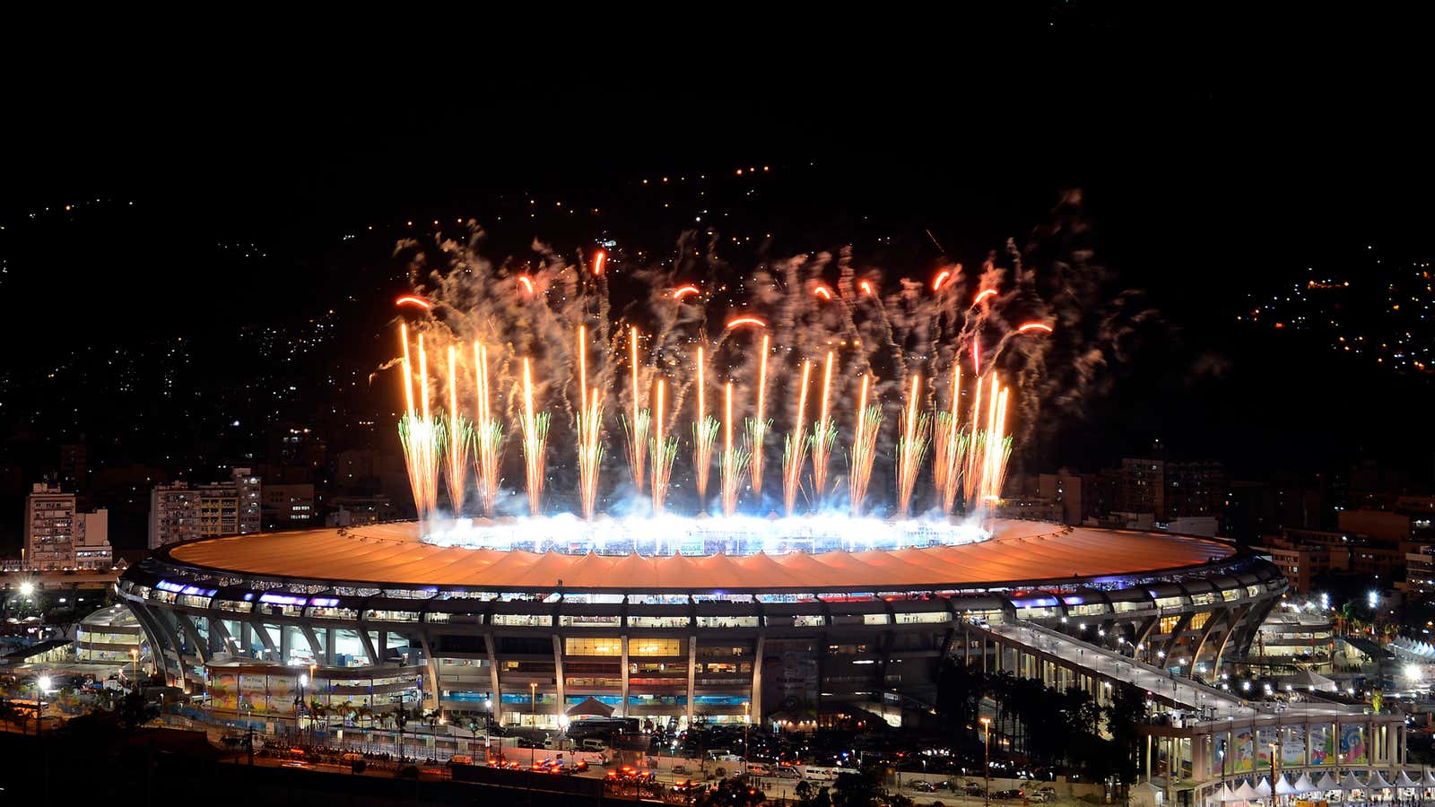 Fireworks explode over Maracana stadium in Rio de Janeiro during the 2014 World Cup.