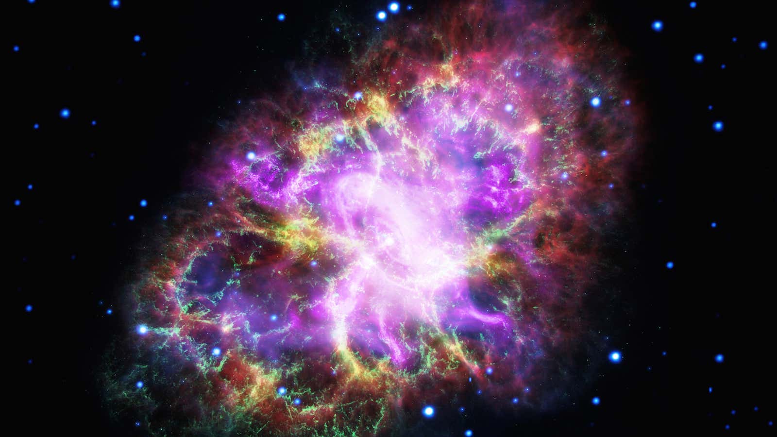 This composite image of the Crab Nebula, a supernova remnant, was assembled by combining data from five telescopes spanning nearly the entire breadth of the…