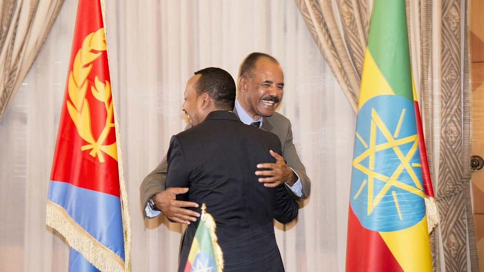 Ethiopia’s prime minister Abiy Ahmed and Eritrean president Isaias Afwerk embrace at the declaration signing in Asmara, Eritrea July 9, 2018
