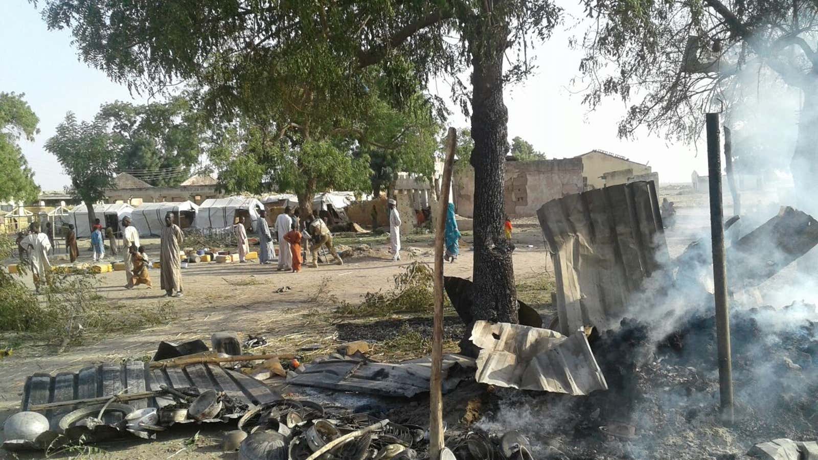 More than 50 killed and 120 injured after a bomb landed on this refugee camp in Nigeria.