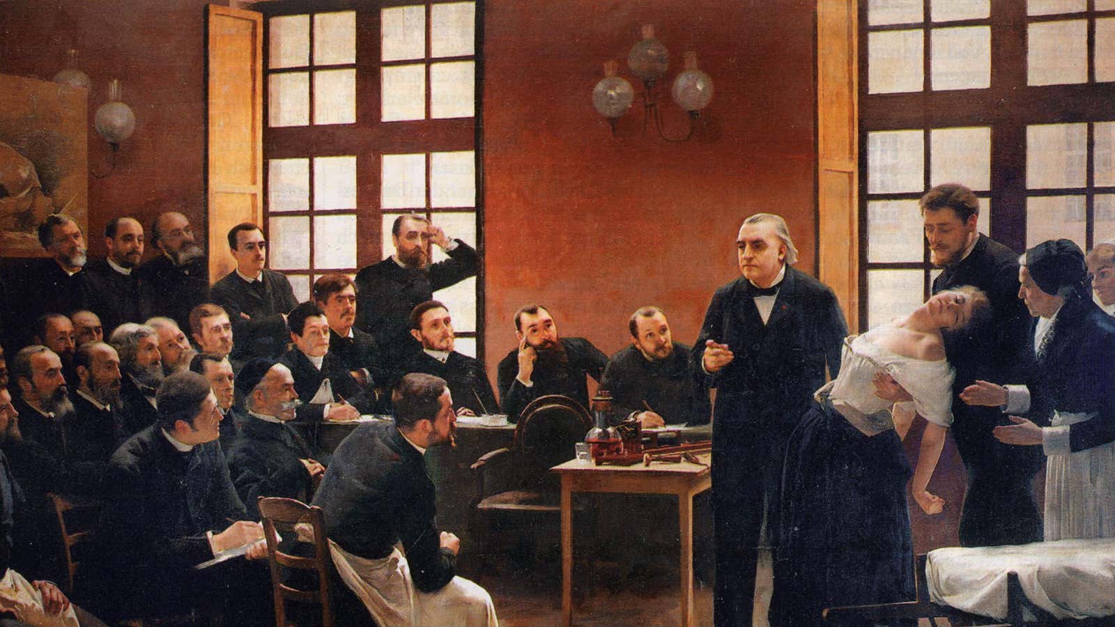 French neurologist Jean-Martin Charcot demonstrating hypnosis on a ‘hysterical’ patient.