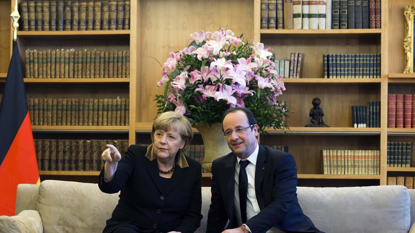 Angela Merkel and François Hollande meet at the French embassy in Berlin.