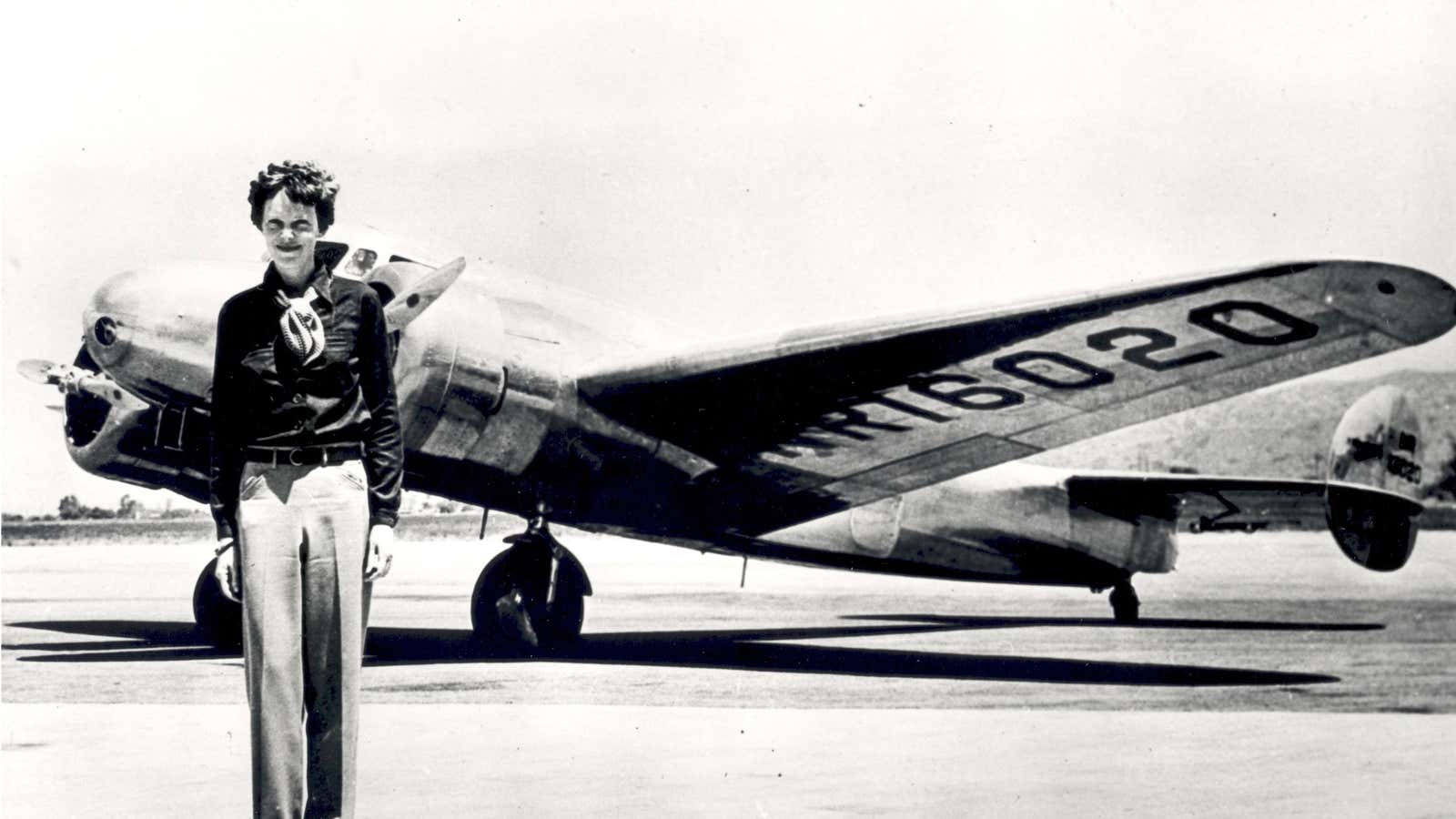 Amelia Earhart and the Lockheed Electra she flew over the Pacific.
