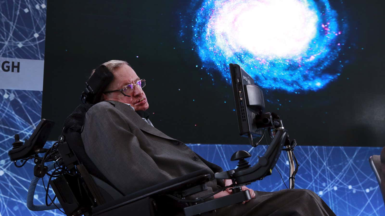 Stephen Hawking at an announcement of the Breakthrough Starshot initiative in New York.